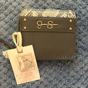 Jessica Simpson Olive Wallet with Snake-Print Accent and Gold Logo